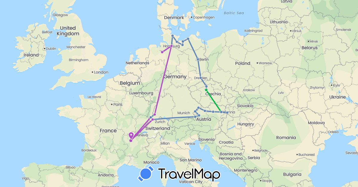 TravelMap itinerary: driving, bus, cycling, train in Austria, Switzerland, Czech Republic, Germany, France, Slovakia (Europe)